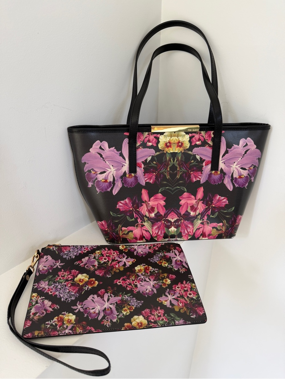 TED BAKER Denny Lost Gardens Leather Tote Bag & Wristlet Pouch Orchid Print Chic